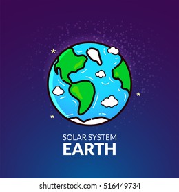 Terrestrial planet Earth, Solar System object, vector illustration in outline style