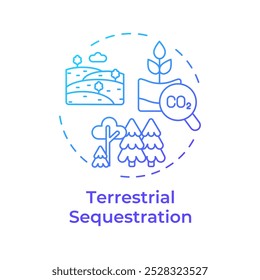 Terrestrial Sequestration blaue Farbverlauf Konzept Symbol. Kohlenstoffabscheidung, Aufforstung. Umwelt, Natur. Runde Liniendarstellung. Abstrakte Idee. Grafikdesign. Benutzerfreundliche Infografik