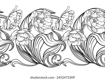 Terri Tulip flowers, decorative flowers and leaves in art nouveau style, vintage, old, retro style. Seamless pattern, background. Vector illustration.