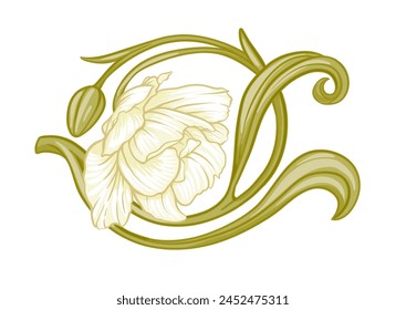 Flores Terri Tulip, flores y hojas decorativas en estilo art nouveau, vintage, antiguo, estilo retro. Clip de arte, conjunto de Elementos para el diseño Bueno para imprimir en camisetas, bolsos, tatuaje. Ilustración vectorial.