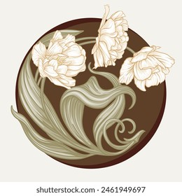 Flores Terri Tulip, flores y hojas decorativas en estilo art nouveau, vintage, antiguo, estilo retro. Clip de arte, conjunto de Elementos para el diseño Bueno para imprimir en camisetas, bolsos, tatuaje. Ilustración vectorial.