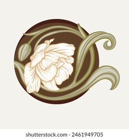 Flores Terri Tulip, flores y hojas decorativas en estilo art nouveau, vintage, antiguo, estilo retro. Clip de arte, conjunto de Elementos para el diseño Bueno para imprimir en camisetas, bolsos, tatuaje. Ilustración vectorial.