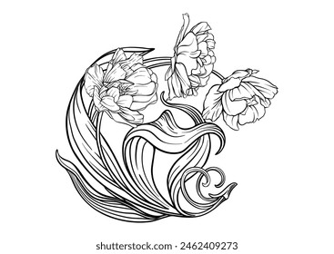 Flores Terri Tulip, flores y hojas decorativas en estilo art nouveau, vintage, antiguo, estilo retro. Clip de arte, conjunto de Elementos para el diseño Bueno para imprimir en camisetas, bolsos, tatuaje. Ilustración vectorial.