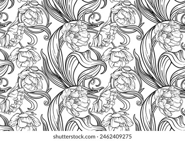 Terri Tulip flowers, decorative flowers and leaves in art nouveau style, vintage, old, retro style. Seamless pattern, background. Vector illustration.