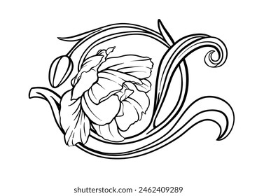 Flores Terri Tulip, flores y hojas decorativas en estilo art nouveau, vintage, antiguo, estilo retro. Clip de arte, conjunto de Elementos para el diseño Bueno para imprimir en camisetas, bolsos, tatuaje. Ilustración vectorial.