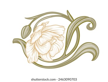 Flores Terri Tulip, flores y hojas decorativas en estilo art nouveau, vintage, antiguo, estilo retro. Clip de arte, conjunto de Elementos para el diseño Bueno para imprimir en camisetas, bolsos, tatuaje. Ilustración vectorial.