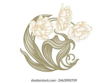 Flores Terri Tulip, flores y hojas decorativas en estilo art nouveau, vintage, antiguo, estilo retro. Clip de arte, conjunto de Elementos para el diseño Bueno para imprimir en camisetas, bolsos, tatuaje. Ilustración vectorial.