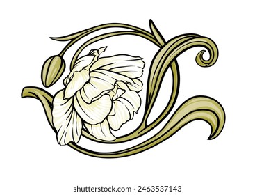 Flores Terri Tulip, flores y hojas decorativas en estilo art nouveau, vintage, antiguo, estilo retro. Clip de arte, conjunto de Elementos para el diseño Bueno para imprimir en camisetas, bolsos, tatuaje. Ilustración vectorial.