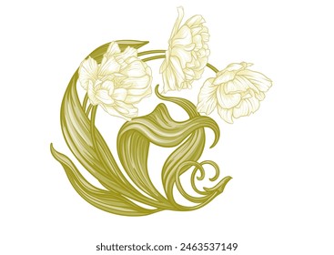 Flores Terri Tulip, flores y hojas decorativas en estilo art nouveau, vintage, antiguo, estilo retro. Clip de arte, conjunto de Elementos para el diseño Bueno para imprimir en camisetas, bolsos, tatuaje. Ilustración vectorial.