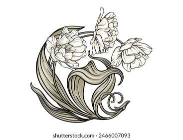 Flores Terri Tulip, flores y hojas decorativas en estilo art nouveau, vintage, antiguo, estilo retro. Clip de arte, conjunto de Elementos para el diseño Bueno para imprimir en camisetas, bolsos, tatuaje. Ilustración vectorial.