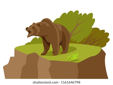 terrible angry bear growls at the edge of a cliff. Cartoon vector illustration