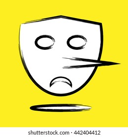 A terrible angry mask with a long nose Pinocchio. Stroke the contour ragged brush. Empty eyes, sad mouth. Peculiar, abstract, bright background.