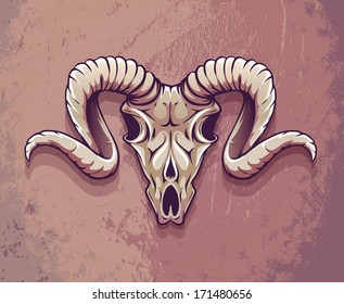 Terrible animals skull with bowed horns over grunge background. Eps10 vector illustration