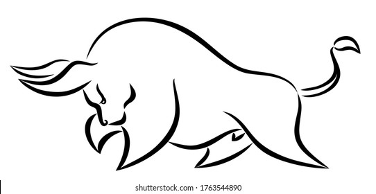 Terrible attacking strong bull. Line art on transparent background. Illustration, vector