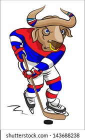 The terrible buffalo - the hockey player in a hockey form conducts a  puck with a hockey stick