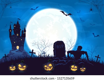 Terrible castle, silhouette sticks out of ground and pumpkins on cemetery. Blue Halloween background with zombie, Grim Reaper. Illustration can be used for children's holiday design, cards and banners