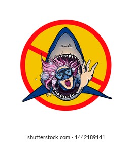 A terrible and creepy vector picture, shark attacked a scuba diver. Sign " Swimming prohibited". Diver in the jaws of a shark. Sinking girl pulls his hand in search of help.
