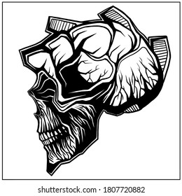 Terrible cyber skull in the style cyberpunk, rude bone head of cyborg or robot  with horns and crest, with smile and pointy chin, with cracks similar on roots. Logo graphic no background in frame.