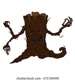 A terrible dark tree. Tree with face and hands. Vector illustration.