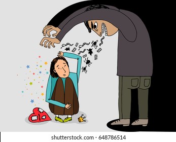 A terrible evil husband offends his wife. Illustration about pressure on a person. Bad man and depressed woman. 