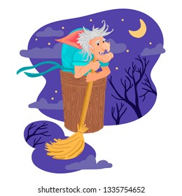 A terrible evil witch, an old woman with a broom, flies at night, a dark sky and trees with the moon in the background. Baba Yaga is a Russian character. Children's illustration. Old woman with warts