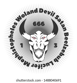 The terrible face of a horned monster and the inscription in a circle, many names of the Devil