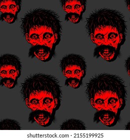 Terrible face red with mustache on gray background, seamless pattern, texture for fabric design, wallpaper and tile, vector illustration