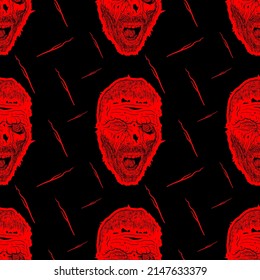 Schreckliches Gesicht auf schwarzem Hintergrund, nahtloses Muster, Textur für die Stoffgestaltung, Tapeten und Fliesen, Vektorgrafik