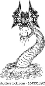 Terrible fantastic monster with an open mouth and a long neck sticking out of the water. Repulsive snake-like evil demon with drool running down its throat. Overlay template. Vector illustration