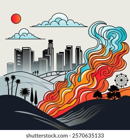 terrible fire in the city of Los Angeles in California. fire burns the city and nature. flat vector illustration on the background of downtown.