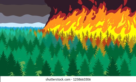 Terrible forest fire, landscape wich wildfire, ecological catastrophe, sky in smoke