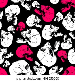 Terrible frightening seamless pattern with skull in cartoon style