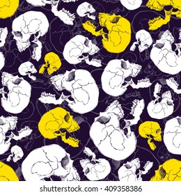 Terrible frightening seamless pattern with skull in cartoon style
