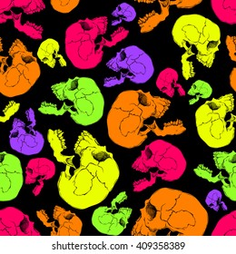 Terrible frightening seamless pattern with skull in cartoon style