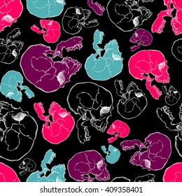 Terrible frightening seamless pattern with skull in cartoon style