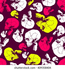Terrible frightening seamless pattern with skull in cartoon style