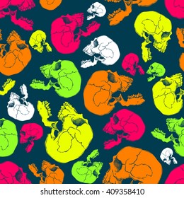 Terrible frightening seamless pattern with skull in cartoon style