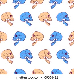 Terrible frightening seamless pattern with skull in cartoon style