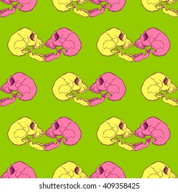 Terrible frightening seamless pattern with skull in cartoon style