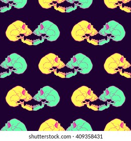 Terrible frightening seamless pattern with skull in cartoon style