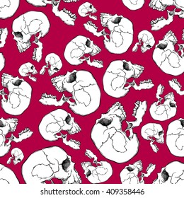 Terrible frightening seamless pattern with skull in cartoon style