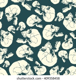 Terrible frightening seamless pattern with skull in cartoon style