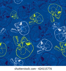 Terrible frightening seamless pattern with skull in cartoon style