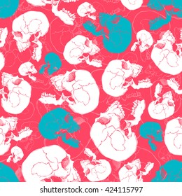 Terrible frightening seamless pattern with skull in cartoon style