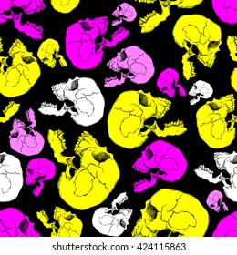 Terrible frightening seamless pattern with skull in cartoon style