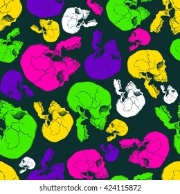 Terrible frightening seamless pattern with skull in cartoon style