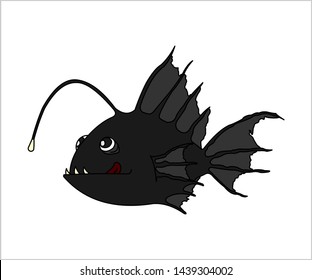 Terrible and funny fish with a flashlight. Anglerfish With Bait. Sea fish is licked. Modern flat vector image isolated on white background.