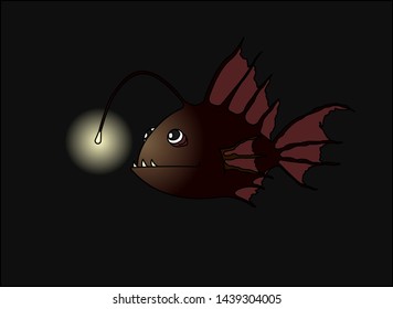 Terrible and Funny Fish With a Flashlight. Anglerfish. Sea Fish With Bait In the Dark. Modern flat Vector image Isolated on white background.