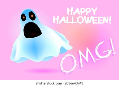 A terrible ghost with burning eyes for the holiday. Halloween card in pink colors. Invitation, banner, flyer, post for October 31st. Stock vector illustrations. Happy Halloween! Trend colors of 2021.