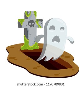 Terrible Ghost flying over the grave. Phantom in the cemetery and the tombstone. 